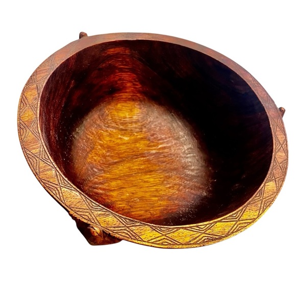 Antique Hand Carved Wooden Bowl Lizards Geckos Incised New Guinea Attributed 11” - Picture 10 of 13